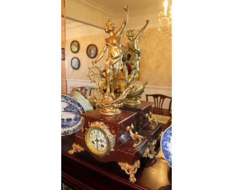 Edwardian gilt spelter and rouge marble mantel clock with figure surmount, together with a French-style gilt metal clock and 