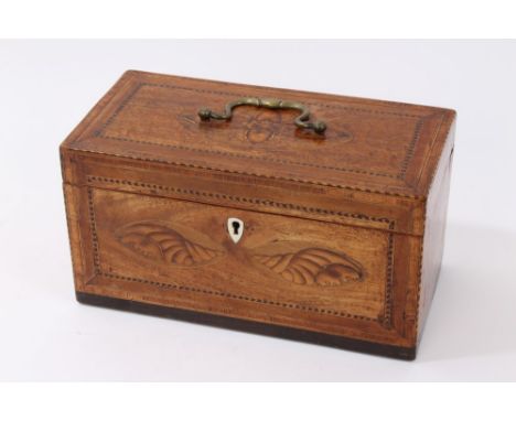 George III mahogany and shell patera inlaid tea caddy rectangular form with surmounting brass handle and three lidded compart