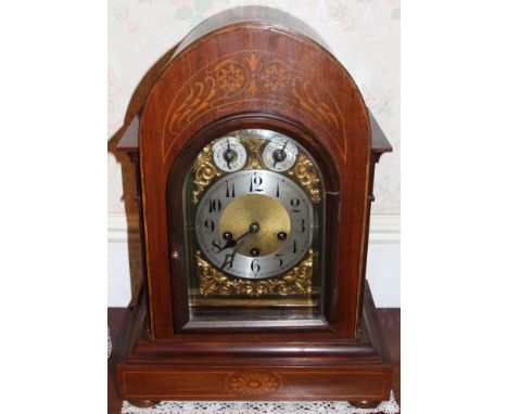 Edwardian inlaid mahogany arched bracket clock with gilded and silvered dial, twin subsidiary dials striking on chimes, 45cm 