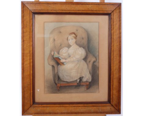 Victorian School, chalk, girl reading, 30 x 23cm, in a glazed maple frame together with Victorian pencil sketch of a Kiss und
