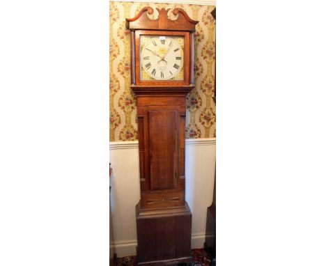 Eighteenth century longcase clock with painted square dial signed Isaac Prince, Grove with single chain movement, in oak and 