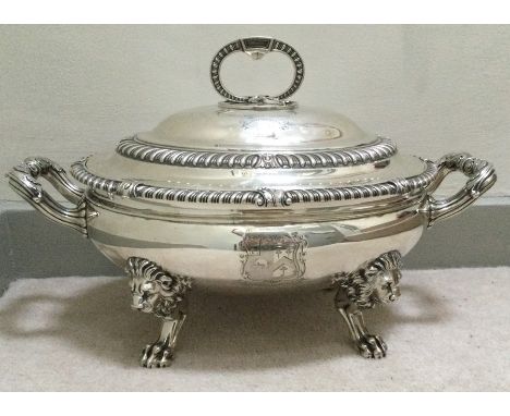 PAUL STORR: An exquisite fine and rare flamboyant silver tureen and cover supported on four cast ostentatious lion mask feet 