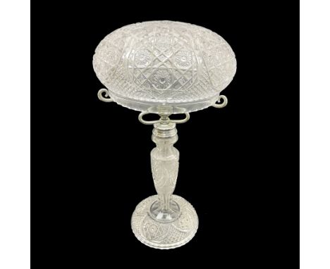 Cut glass table lamp base, of tapering form upon circular base, with conforming cut glass domed lamp shade, H45cm