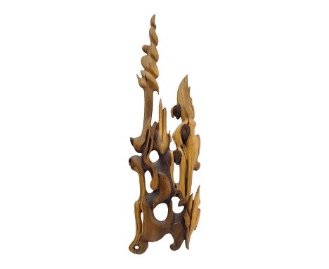 Helen Skelton (British 1933 – 2023): Large abstract wooden wall sculpture, H175cm, W53cm. Born into an RAF family in 1933 in 