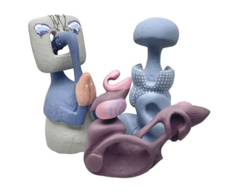 Helen Skelton (British 1933 – 2023): Three carved wooden abstract sculptures, one modelled stylized bird, painted in blue and