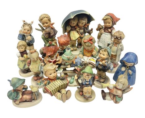 Sixteen Goebel Hummel figures, including Charlot A Young Man's Fancy, Stormy Weather and Bookworm, all with impressed and pri