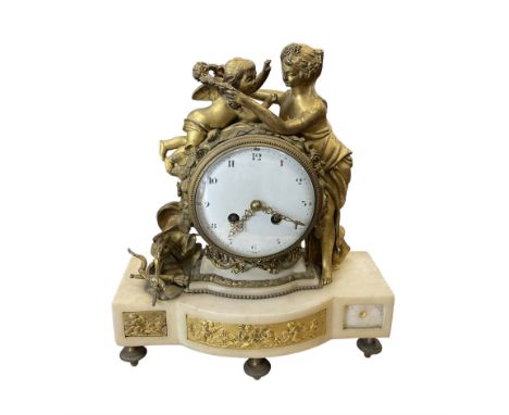 French - 19th century gilt metal and alabaster 8-day mantle clock, alabaster plinth with repusee panels raised on five circul