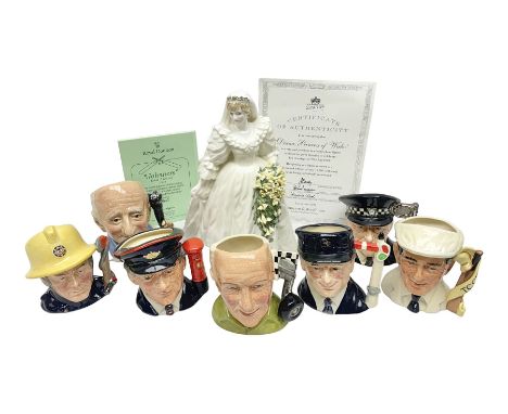 Seven Royal Doulton small character jugs, including Engine Driver D6823, The Fireman D6839, The Postman D6801, Murray Walker 