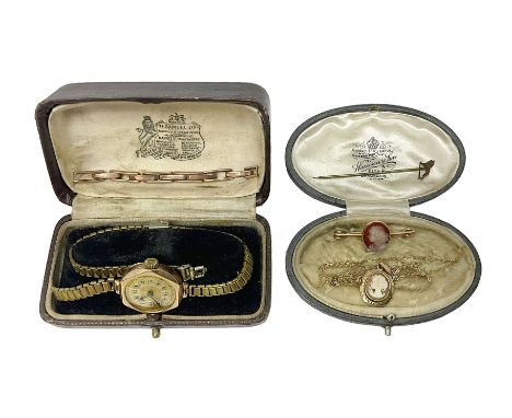 Early 20th century 9ct rose gold manual wind wristwatch, on gilt strap, gold cameo brooch, gold cameo pendant necklace, rose 