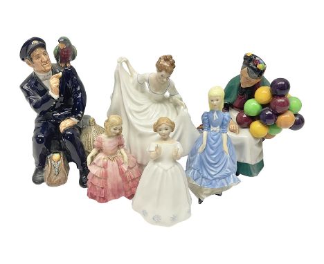 Five Royal Doulton figures, including Shore Leave HN2254, The Old Balloon Seller HN1315, Rose HN1348 etc, together with Royal