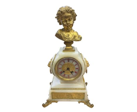 French - mid 19th century white onyx cased 8-day mantle clock with ormolu mounts on splayed feet,  surmounted by a cast brass