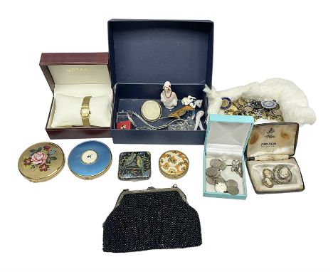 Two compact mirrors, ladies Rotary wristwatch and a collection of Victorian and later costume jewellery, including brooches, 