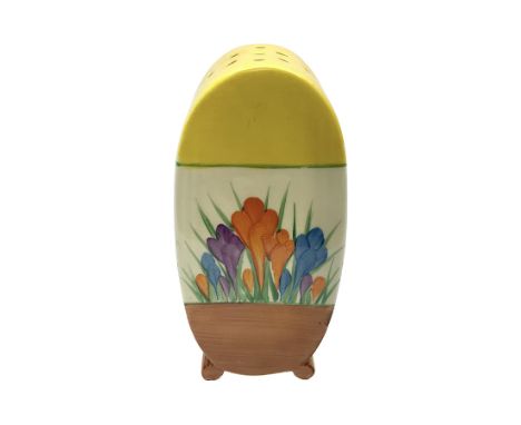 Clarice Cliff Bizarre, Bon Jour shape sugar caster, in Crocus pattern, with printed mark beneath, H12.5cm