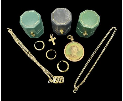 9ct gold jewellery, including hoop earrings and necklace, rolled gold photograph pendant and three hexagonal ring boxes Condi