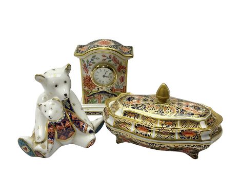 Royal Crown Derby Haiku pattern miniature clock, together with 1128 Imari pattern trinket box with cover and teddy bear figur