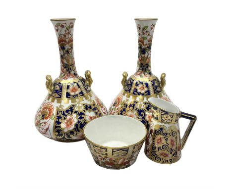 Pair of Royal Crown Derby 6299 imari pattern miniature vases, together with a miniature pitcher and dish in 2451 imari patter