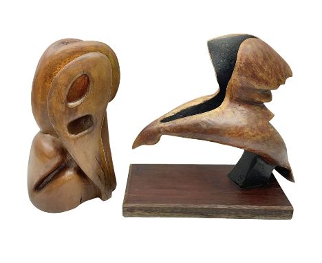 Helen Skelton (British 1933 – 2023): Two carved wooden abstract sculptures, one modelled as a stylized bird on rectangular ba