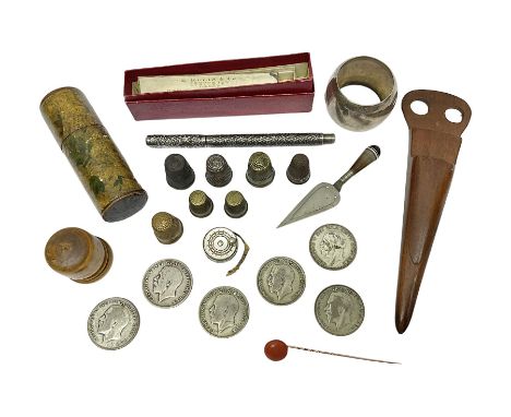 14ct gold coral stick pin, together with six pre-1947 silver halfcrown coins, silver napkin ring, silver mounted pen and othe