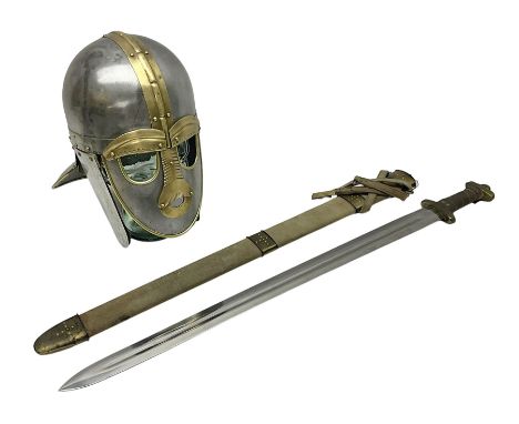 Re-enactors Viking helmet and sword in scabbard, helmet D19cm, sword blade L73cm, whole L88cm 