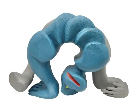 Helen Skelton (British 1933 – 2023): Carved wooden abstract figure, modelled as a contorted man painted in blue and grey tone