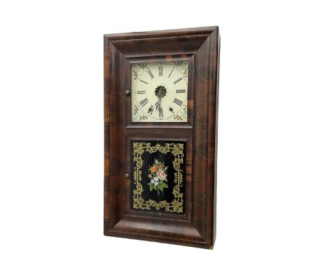 American - 19th century mahogany veneered 8-day ogee shelf clock, rectangular case with two glazed doors to the front, decora