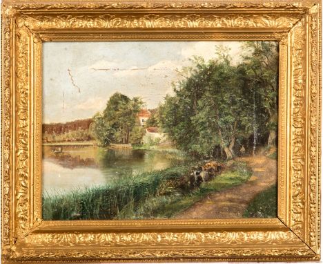 Dänischer Maler um 1900Seelandschaft mit Weidetieren und Hirt. Öl/Leinwand. Unsign.  31 x 39 cm. R.  Farbabspl. (42 x 52 cm)