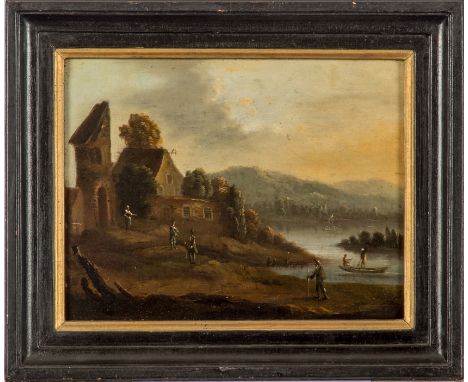 Genremaler um 1860-70Flusslandschaft mit Burgruine und Staffagefiguren. Öl/Holz. 24 x 30 cm. R. (33,5 x 40 cm).
