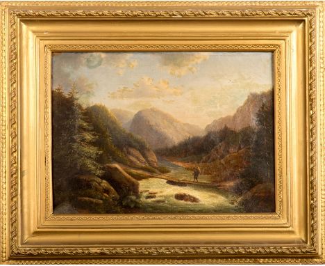 Romantiker des 19. Jhs.Romantische Gebirgslandschaft mit Wildbach und schmalem Steg. Öl/Leinwand.  34 x 47  cm. R.  Rep. Stel