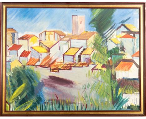 Unbekannter ExpressionistÖl/Sperrholz. Ansicht eines Dorfes. 55 x 70 cm. R.