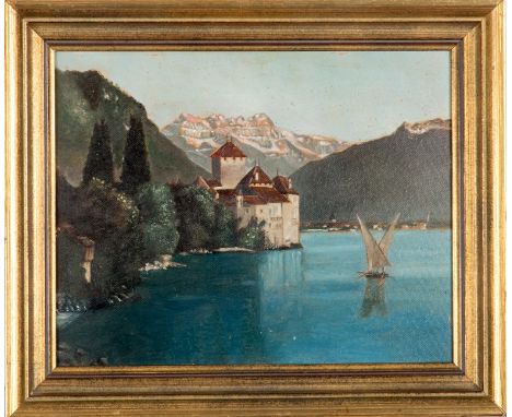 Bartels, FranzMagdeburger Maler: Schloss Chillon am Genfer See. Öl/Malkarton. Verso mit Widmung  und bez.  20 x 23,5 cm. 26 x