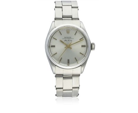 A GENTLEMAN'S STEEL &amp; WHITE GOLD ROLEX OYSTER PERPETUAL AIR KING BRACELET WATCH CIRCA 1972, REF. 5501 D: Silver dial with
