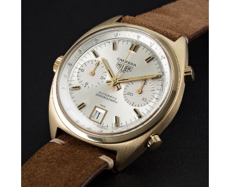 A RARE GENTLEMAN'S 18K SOLID GOLD HEUER CARRERA AUTOMATIC CHRONOGRAPH WRIST WATCH CIRCA 1970s, REF. 1158D: Two tone silver di