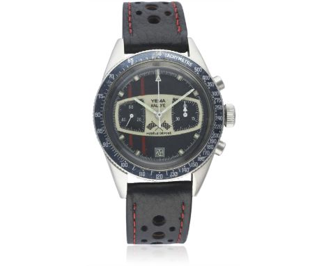 A RARE GENTLEMAN&rsquo;S STAINLESS STEEL YEMA RALLYE CHRONOGRAPH WRIST WATCH CIRCA 1969&nbsp;D: Black &amp; silver dial with 