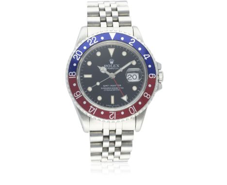 A GENTLEMAN'S STAINLESS STEEL ROLEX OYSTER PERPETUAL DATE GMT MASTER BRACELET WATCH CIRCA 1987, REF. 16700 WITH ROLEX BOX &am
