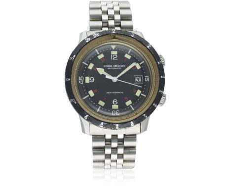 A RARE GENTLEMAN'S STAINLESS STEEL NIVADA GRENCHEN DEPTHOMATIC DEPTH GAUGE DIVERS BRACELET WATCH CIRCA 1960s D: Black dial wi