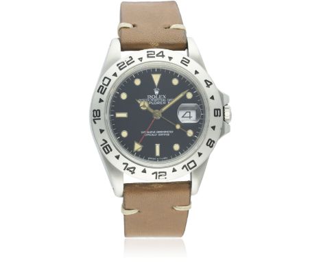 A GENTLEMAN'S STAINLESS STEEL ROLEX OYSTER PERPETUAL DATE EXPLORER II WRIST WATCH CIRCA 1987, REF. 16550D: Black dial with tr