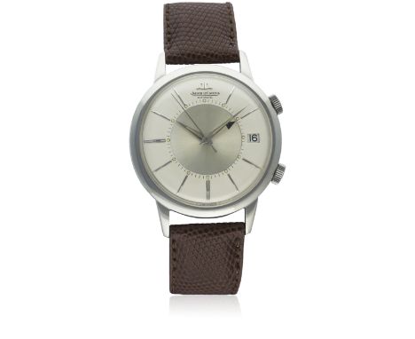 A GENTLEMAN'S STAINLESS STEEL JAEGER LECOULTRE MEMOVOX AUTOMATIC ALARM WRIST WATCH CIRCA 1960s D: Silver dial with silver bat