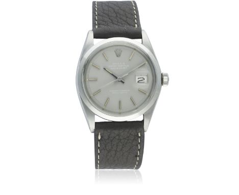 A RARE GENTLEMAN'S STAINLESS STEEL ROLEX OYSTER PERPETUAL DATEJUST WRIST WATCH CIRCA 1970, REF. 1600
D: Light grey "ghost" di