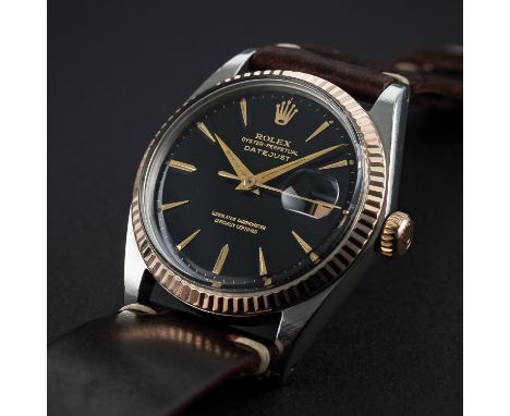 A RARE GENTLEMAN'S STAINLESS STEEL &amp; ROSE GOLD ROLEX OYSTER PERPETUAL DATEJUST WRIST WATCH CIRCA 1968, REF. 1601 
D: Glos