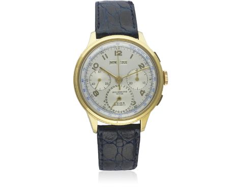 A RARE GENTLEMAN'S LARGE SIZE GOLD PLATED CHRONOGRAPHE SUISSE TRIPLE CALENDAR CHRONOGRAPH WRIST WATCH CIRCA 1950sD: Silver di