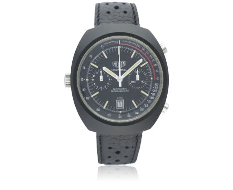 A RARE GENTLEMAN'S "NOS" PVD COATED HEUER MONTREAL AUTOMATIC CHRONOGRAPH WRIST WATCH CIRCA 1970s, REF. 110.503
D: Black dial 