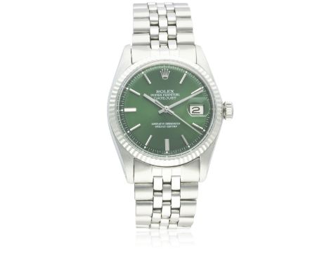 A GENTLEMAN'S STAINLESS STEEL &amp; WHITE GOLD ROLEX OYSTER PERPETUAL DATEJUST BRACELET WATCH CIRCA 1968, REF. 1601
D: Green 