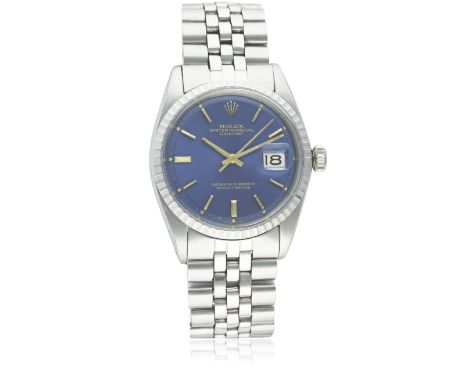 A RARE GENTLEMAN'S STAINLESS STEEL ROLEX OYSTER PERPETUAL DATEJUST BRACELET WATCH CIRCA 1960s, REF. 1603 
D: Blue dial with g