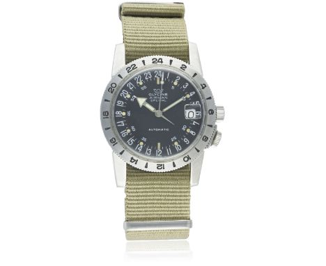 A RARE GENTLEMAN'S STAINLESS STEEL GLYCINE AIRMAN SPECIAL AUTOMATIC WRIST WATCH CIRCA 1960s
D: Black dial with 24 hour Arabic