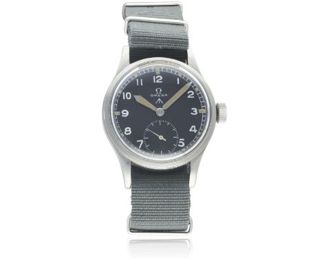 A GENTLEMAN'S STAINLESS STEEL BRITISH MILITARY OMEGA W.W.W. WRIST WATCH CIRCA 1940s, PART OF THE "DIRTY DOZEN"D: Black dial w