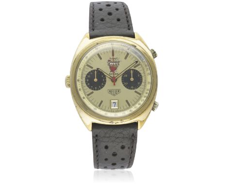 A GENTLEMAN'S GOLD PLATED HEUER CARRERA AUTOMATIC CHRONOGRAPH WRIST WATCH CIRCA 1980, REF. 110.255 COMMISSIONED FOR THE STATE