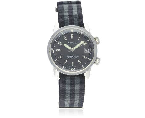 A GENTLEMAN'S STAINLESS STEEL LANCO BARRACUDA SUPER COMPRESSOR DIVERS WRIST WATCH CIRCA 1968, REF. 3001D: Grey "sunburst" dia
