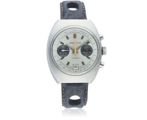 A GENTLEMAN'S STAINLESS STEEL BREITLING "DATORA" CHRONOGRAPH WRIST WATCH CIRCA 1970s, REF. 592D: Silver "panda" dial with lum