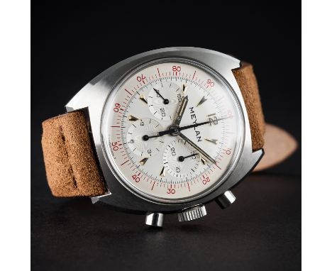 A RARE GENTLEMAN'S "NOS" STAINLESS&nbsp;STEEL MEYLAN DECIMAL CHRONOGRAPH WRIST WATCH CIRCA 1960sD: Two tone silver dial with 