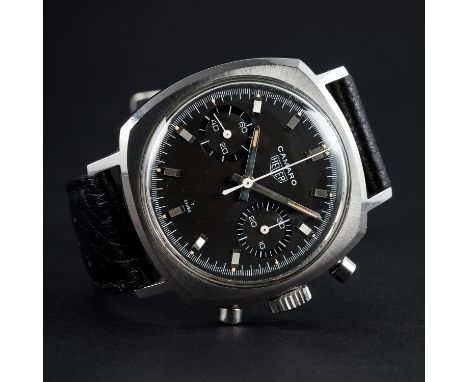 A RARE GENTLEMAN'S STAINLESS STEEL HEUER CAMARO CHRONOGRAPH WRIST WATCH CIRCA 1970, REF. 7743
D: Brown "chocolate" dial with 